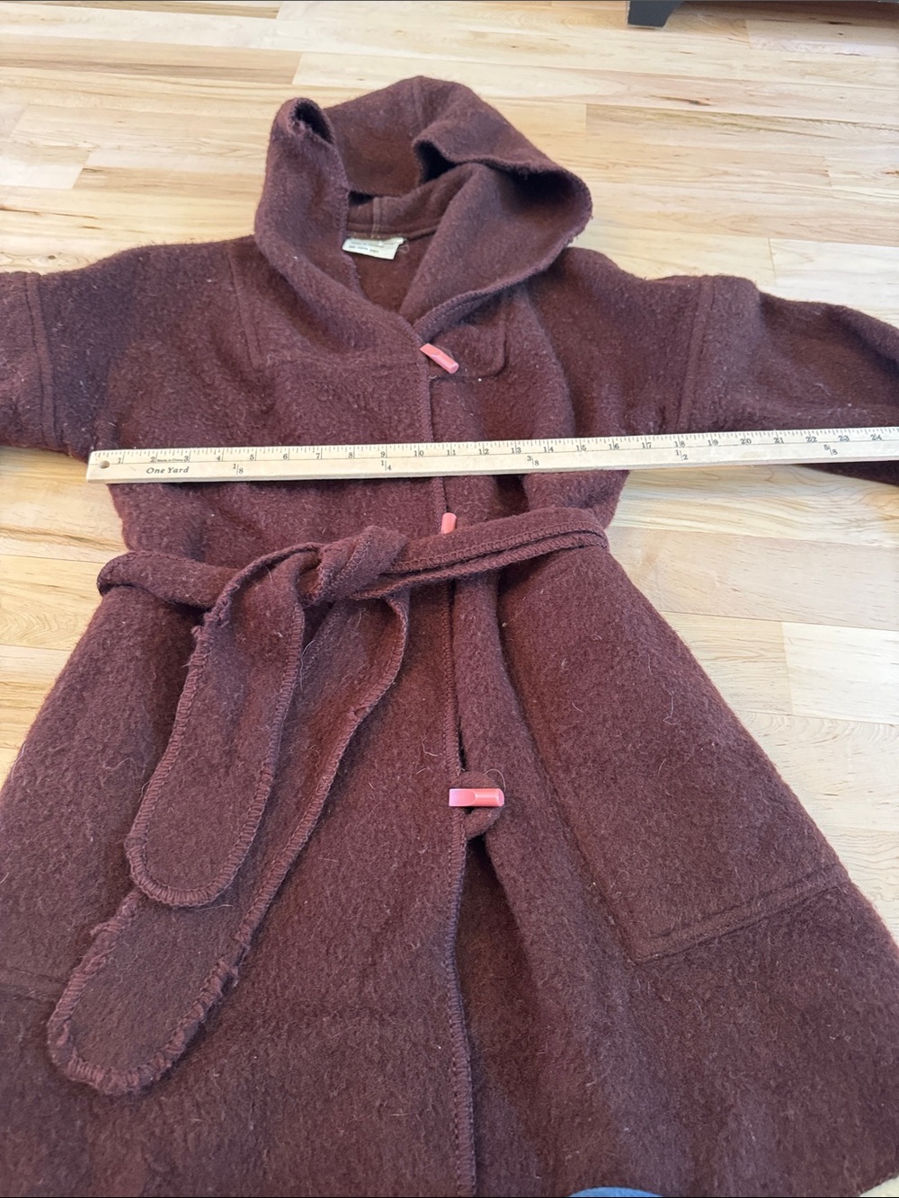 Vintage-100% Wool-Striped Cuff-Hem- brown hooded belted jacket coat-70s - Picture 5 of 8